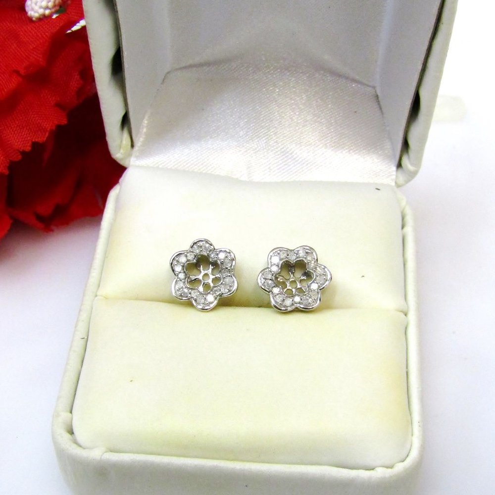 Diamond Flower Earring Enhancer Jackets 10k White Gold Natural Genuine Real - Picture 8 of 9
